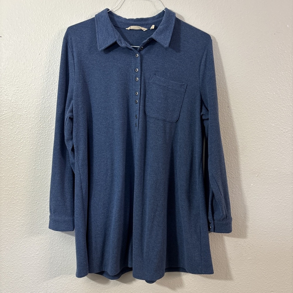 Soft Surroundings Blouse Women's XL Blue Collared Long Roll Tab Sleeve Button